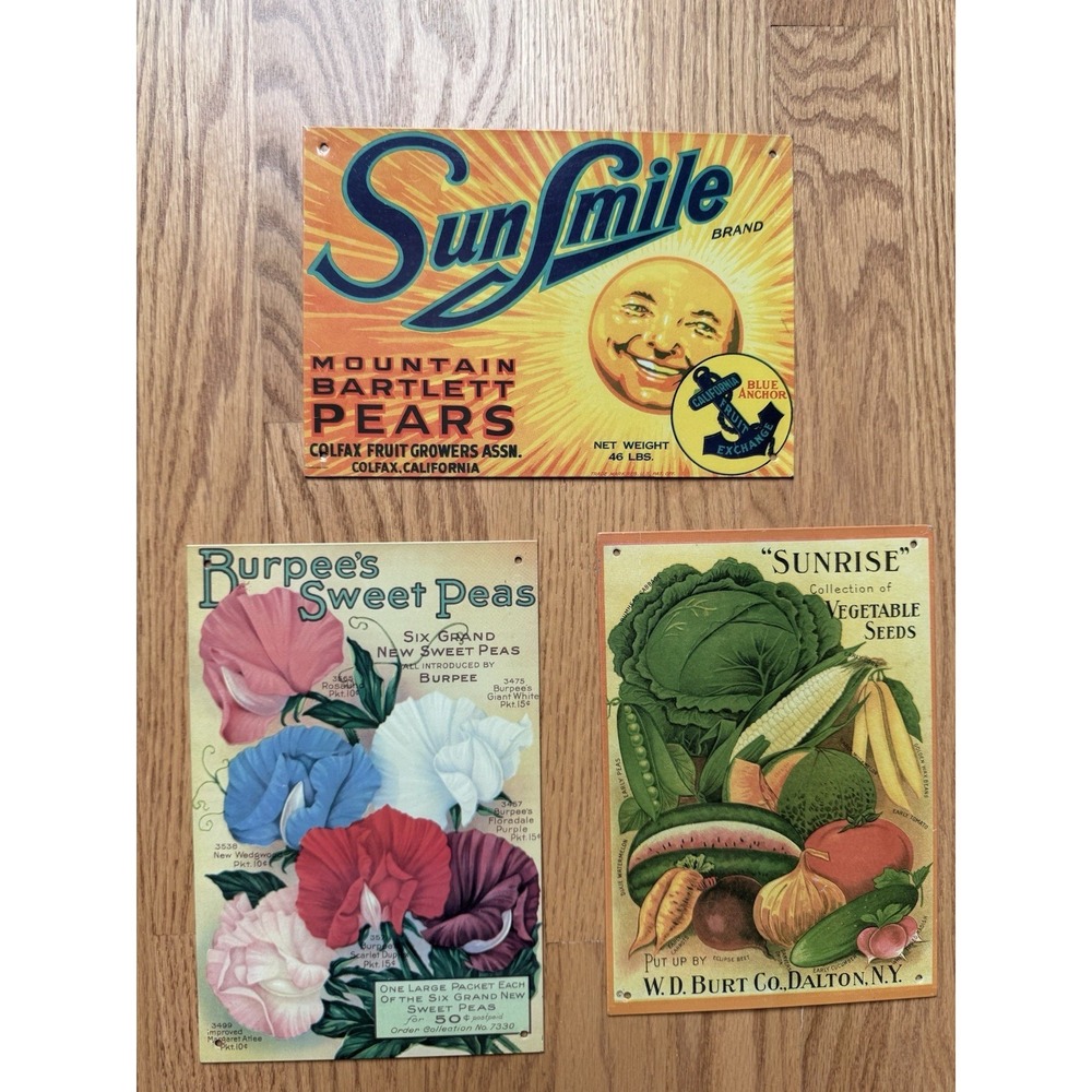 Set 3 Vintage Style Metal Signs Burpee Seeds Sun Smile Pear Vegetable Decor 9x6